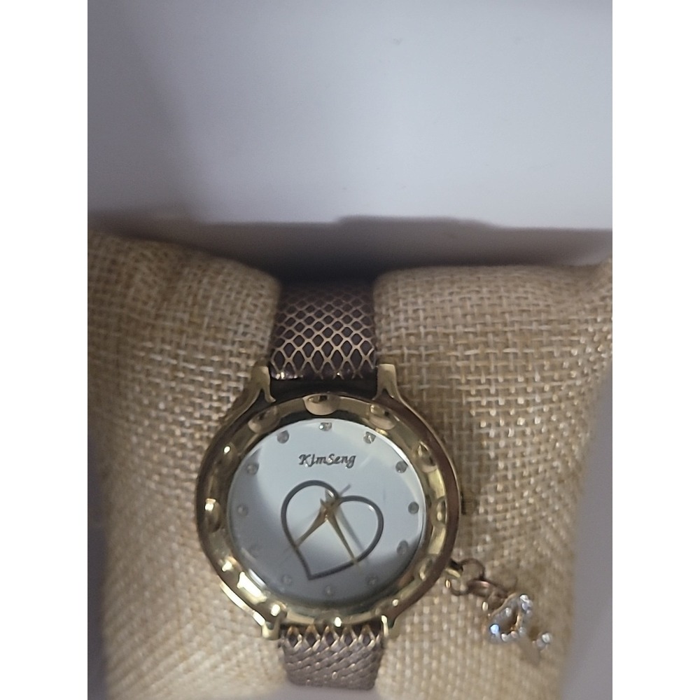 Vintage Kim Seng Wristwatch Watch Women Gold Tone Heart Charm Brown Gold Band